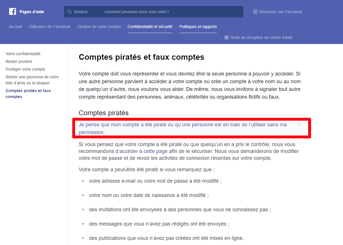 Facebook page aide compte pirat&eacute;