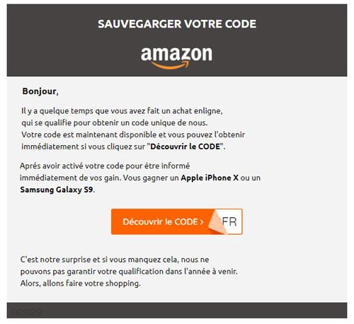 Amazon courriel hameçonnage fraude faux sondage iPhone X Samsung Galaxy S9 à gagner