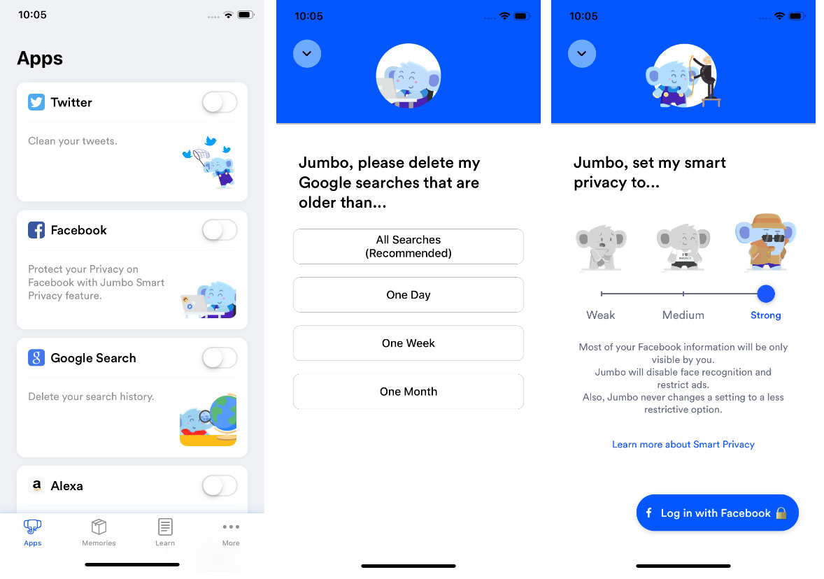 Jumbo Application iOS interface Facebook Twitter Google vie priv&eacute;e