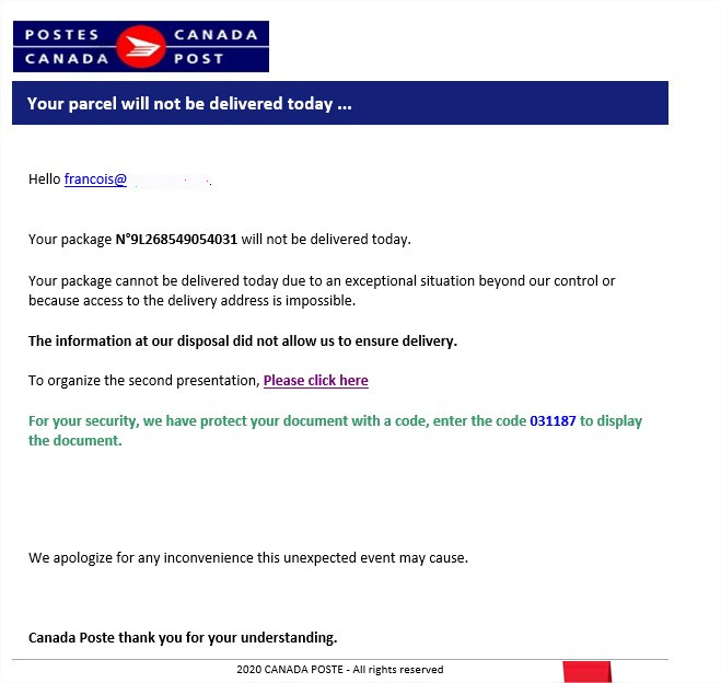 Courriel Postes Canada livraison impossible hameçonnage