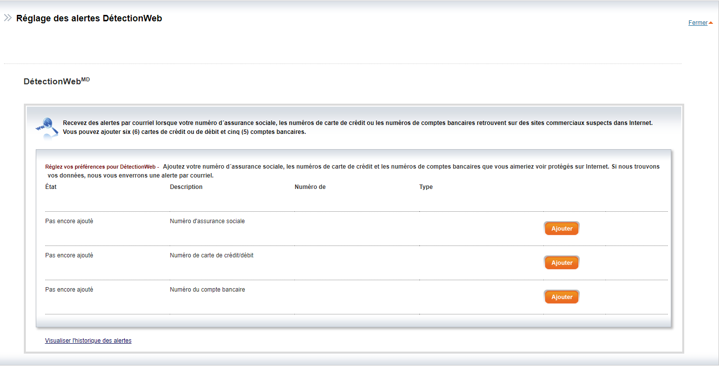 Equifaxe R&eacute;glage des alertes D&eacute;tectionWeb carte de cr&eacute;dit num&eacute;ro assurance sociale compte bancaire