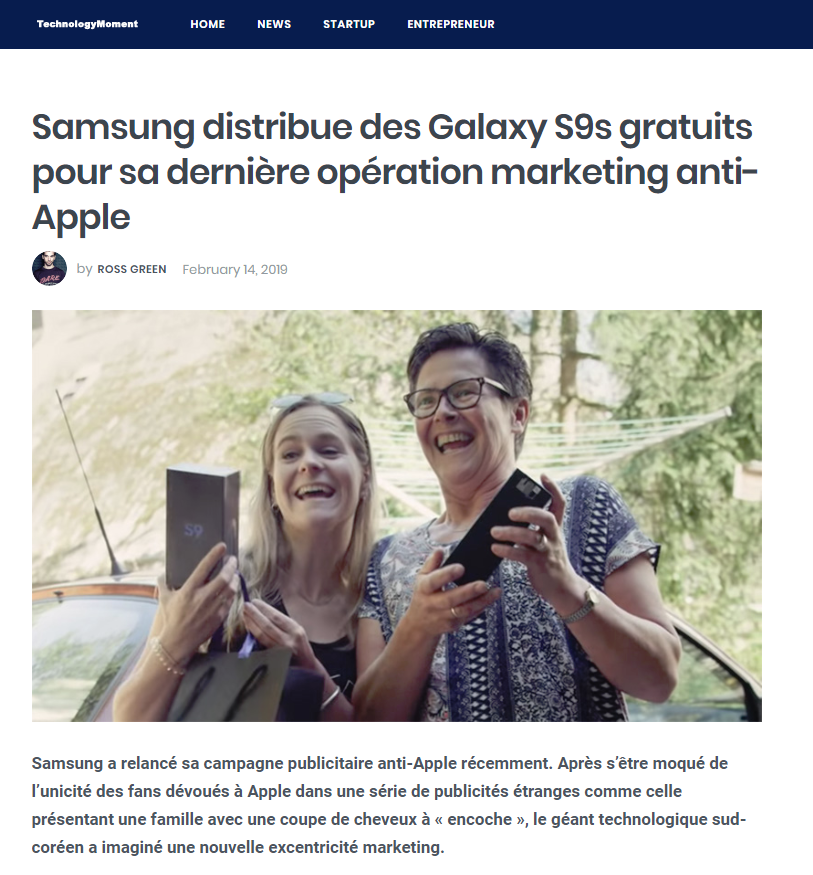 TechnolyMoment article Samsung distribue des Galaxy S9 gratuits