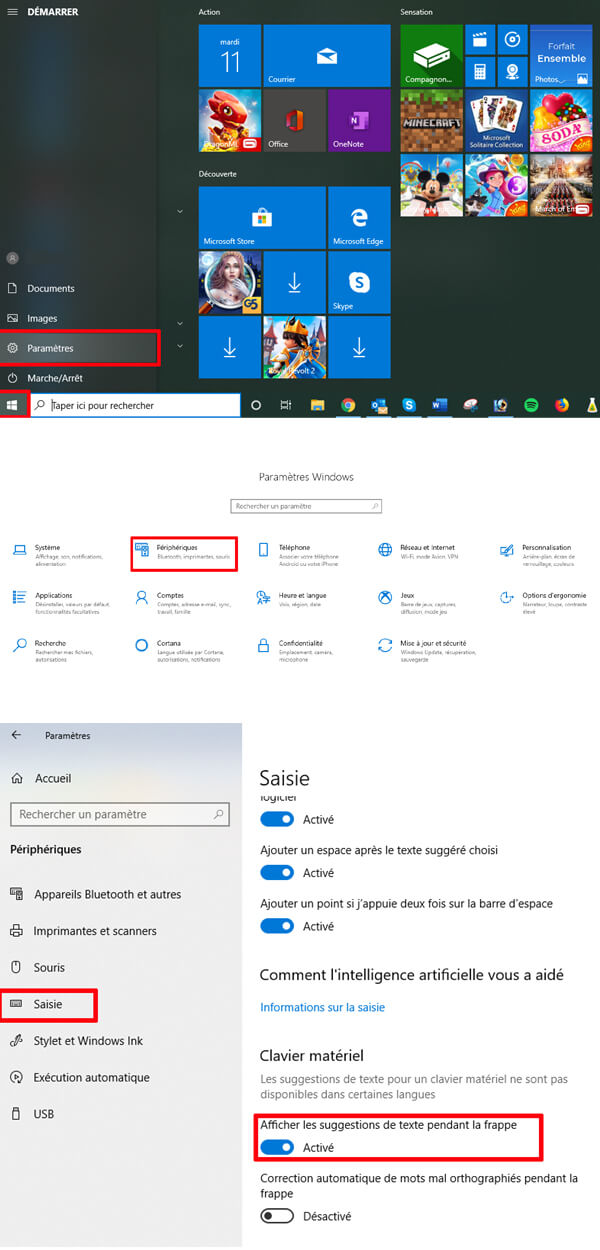 Suggestion texte Windows 10 ordinateur tablette