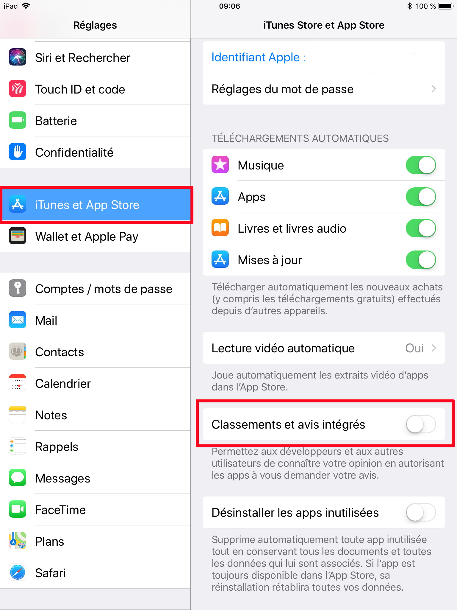D&eacute;sactiver Classements et avis int&eacute;gr&eacute;s Apple iOS iPhone iPad iPod touche