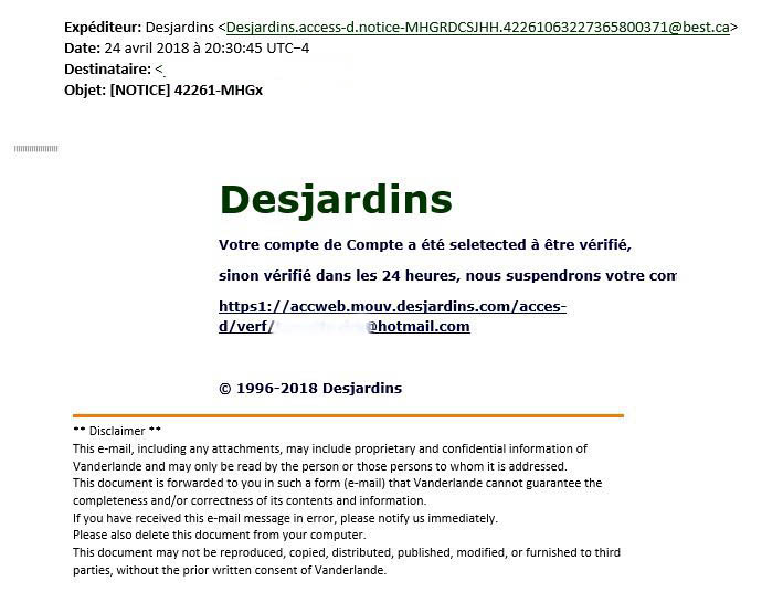 Courriel hame&ccedil;onnage Desjardins