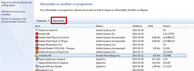 Désinstaller programme sur Windows