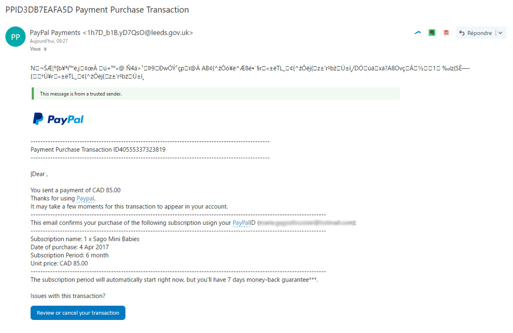 Courriel frauduleux de PayPal