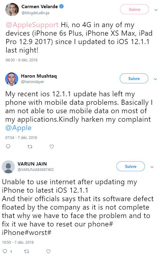 Tweet réactions Mise à jour iOS 12.1.1 Apple iPhone iPad