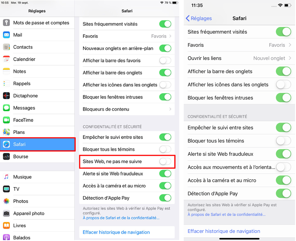 Apple iOS 12.2 abandon Safari Sites web ne pas me suivre iPhone iPad