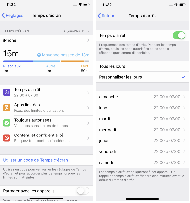 Apple iOS 12.2 personnalisation Temps d'arr&ecirc;t Temps d'&eacute;cran