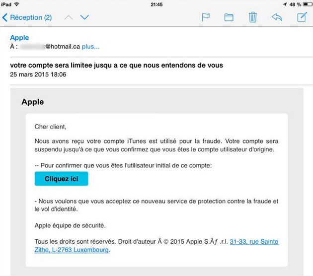 iTunes courriel hame&ccedil;onnage