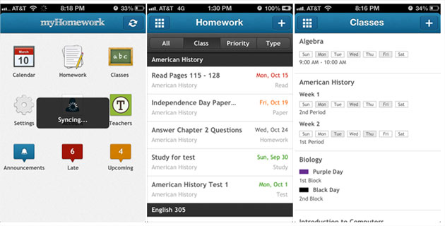 myHomework application &eacute;cran t&eacute;l&eacute;phone