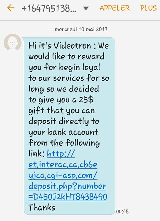 Texto frauduleux Vidéotron Texto frauduleux Vidéotron