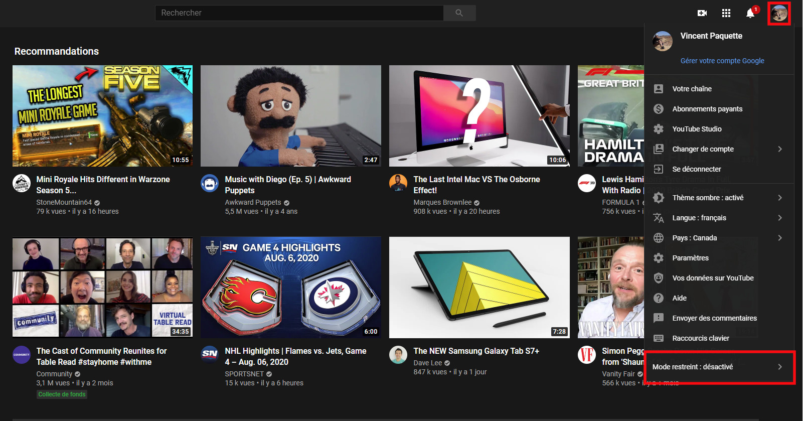 Mode restreint YouTube