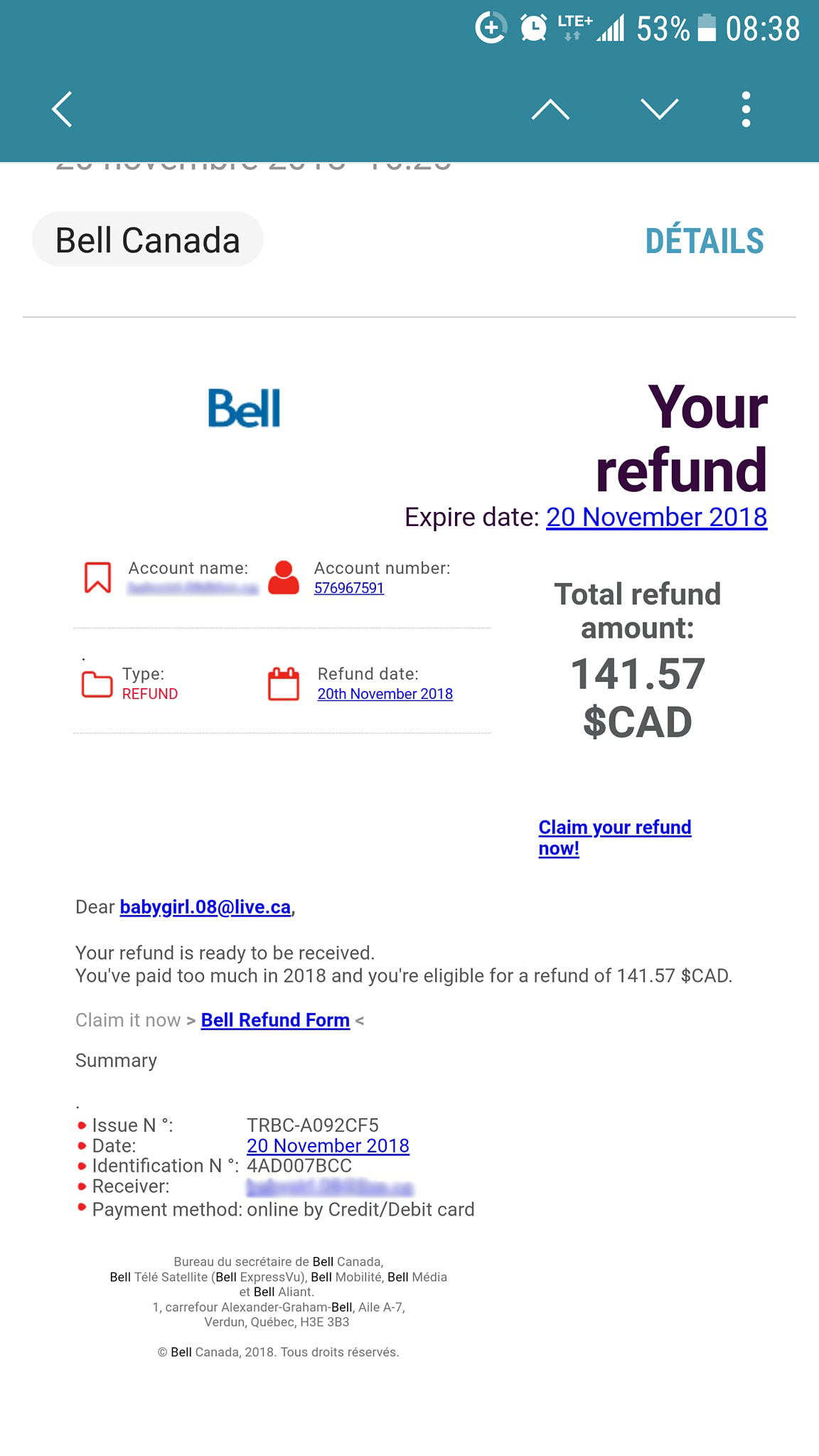Bell remboursement texto message texte