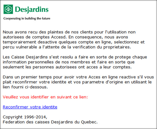 Courriel frauduleux AccèsD Desjardins