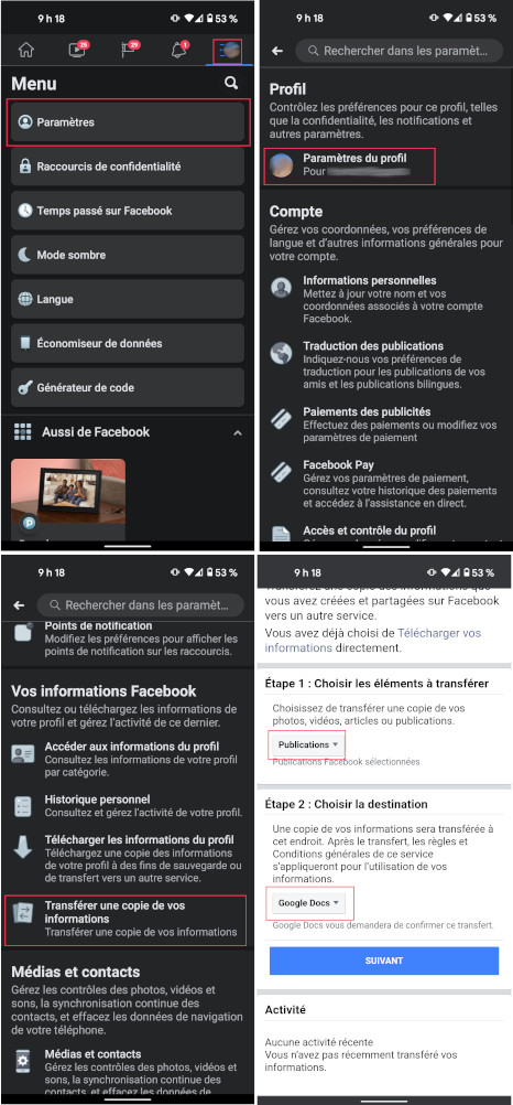 Transfert publication Facebook vers Google Doc mobile