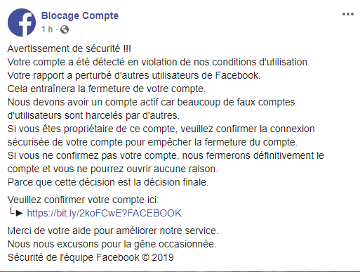 Blocage Compte Facebook fausse publication