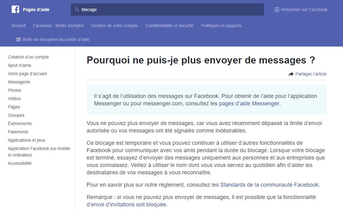 Blocage page aide facebook message