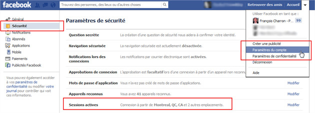 Facebook paramètre compte sécurité