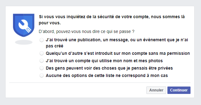 Si l’on est incapable de se connecter à son compte, il faut alors le signaler à Facebook. Facebook page portail signalement compte piraté
