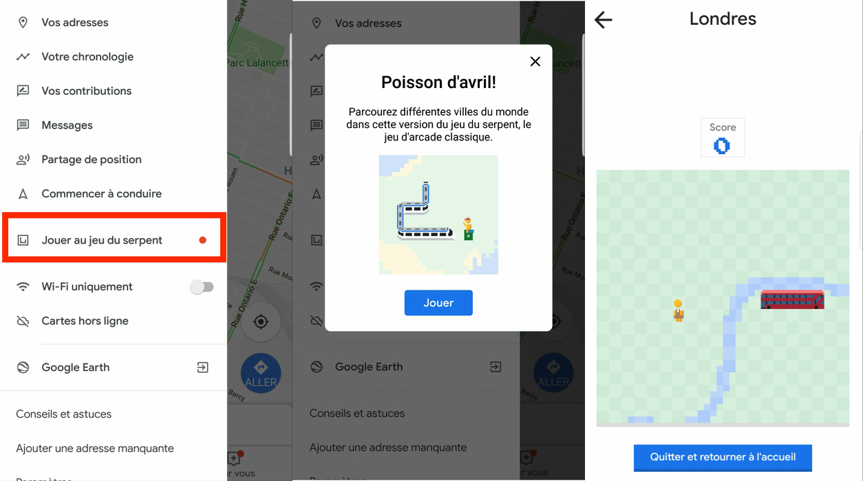 Google Maps jeu Snake application mobile poisson avril