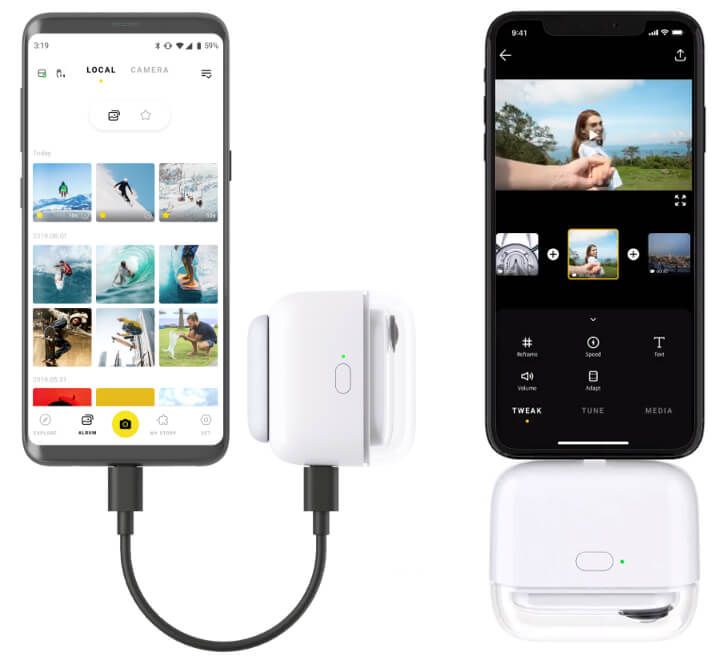 La caméra Insta360 Go se branche à notre téléphone via son caisson de recharge. Insta360 Go étui recharge téléphone Android iPhone