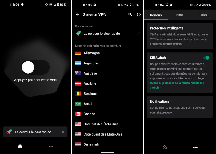 On peut choisir parmi plusieurs serveurs différents avec le VPN Secure Connection de Kaspersky. Kaspersky Secure Connection VPN mobile