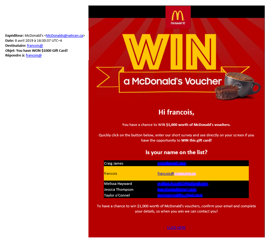 McDonald's courriel hame&ccedil;onnage phishing email 1000$