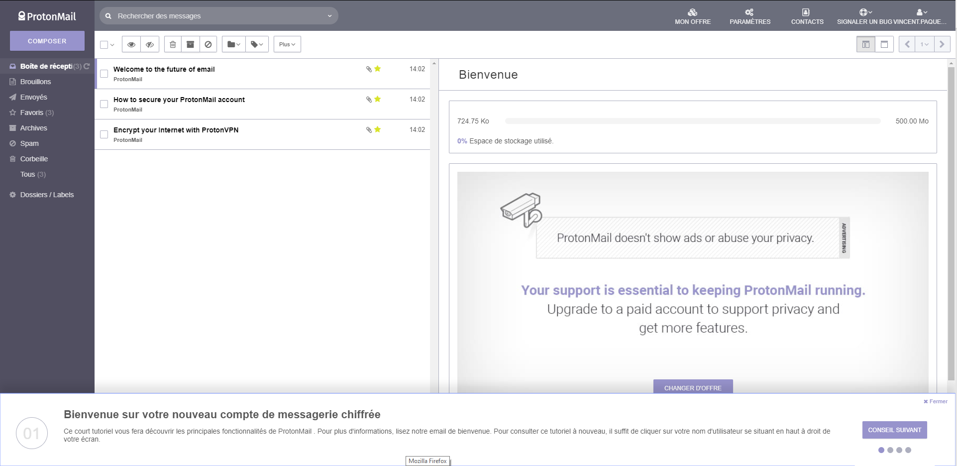 ProtonMail service courriels emails crypté sécurité interface