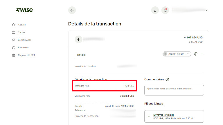 Voyez comment les frais de gestion sont bas sur Wise! Image: francoischarron.com Voici un exemple de frais de Wise.