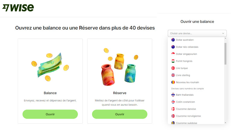 Ça prend littéralement trois clics sur Wise pour ouvrir une balance avec une autre devise.- Image: francoischarron.com Ouvrir une balance sur Wise est très simple.