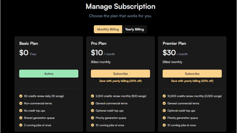 Voici les plans offerts par Suno.IA pour créer des chansons. Image: francoischarron.com Les abonnments de Suno.IA
