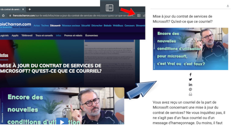 Si le site web que nous visitons est compatible avec le mode lecteur, un petit livre apparaitra.