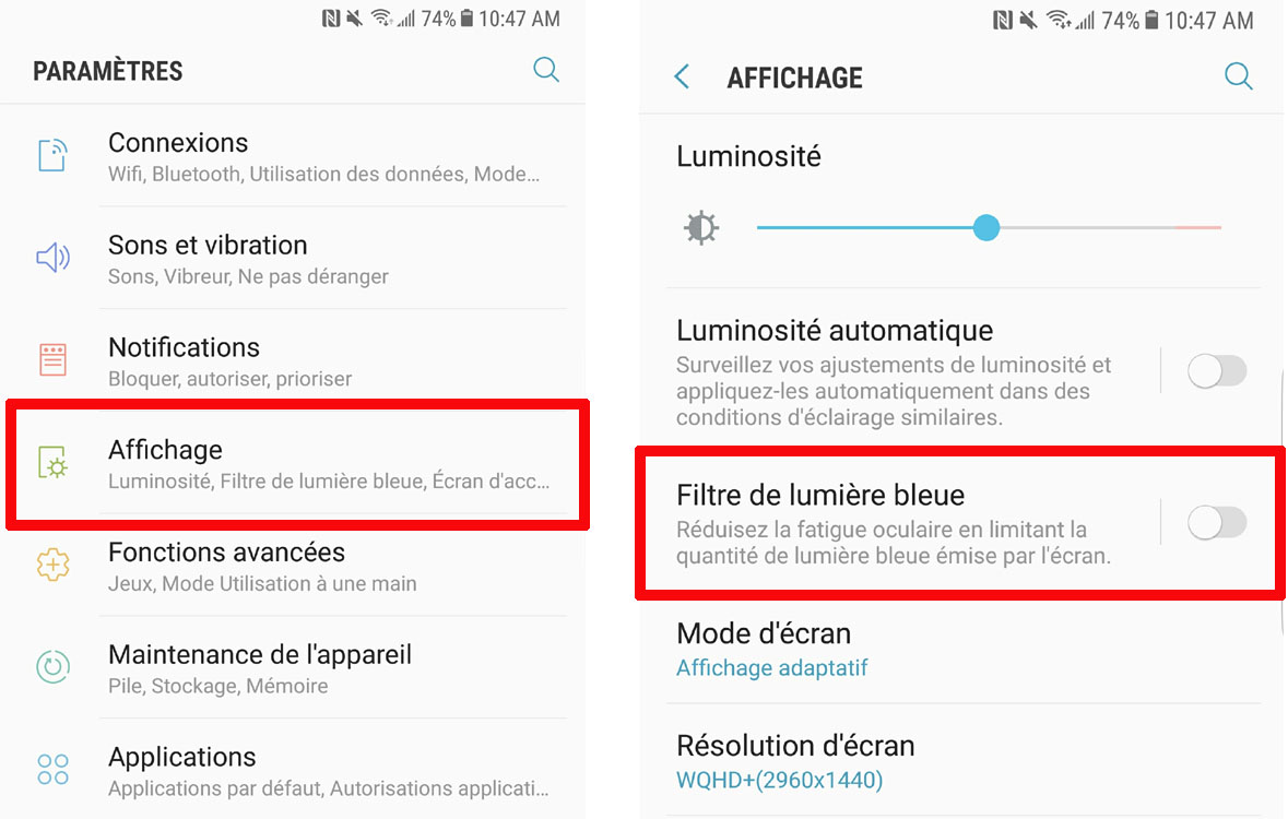 Certains appareils Android on une fonction de filtre de lumi&egrave;re bleue
