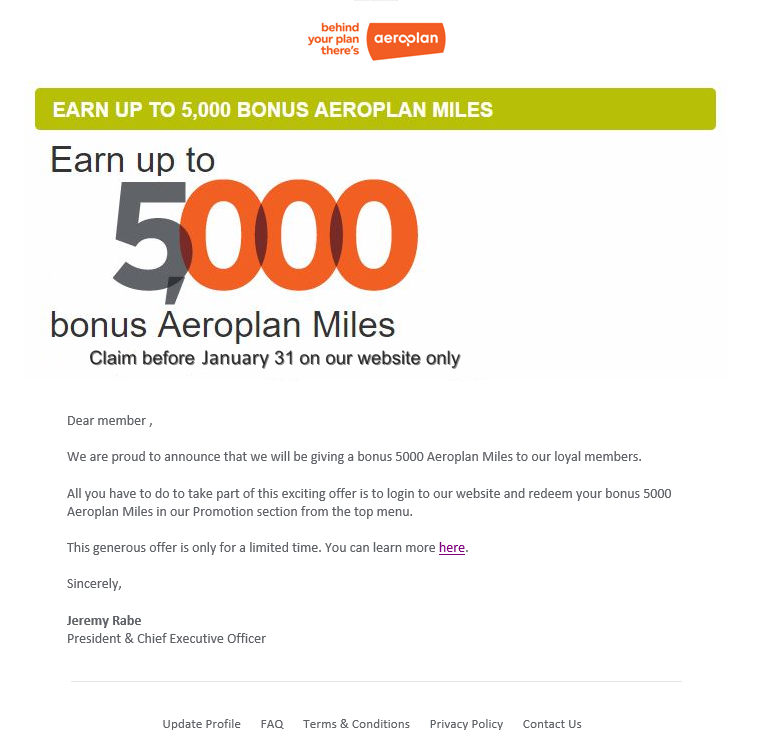 Faux courriel A&eacute;roplan 5000 miles 31 janvier
