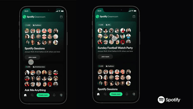 Un aperçu de l'interface de l’application Greenroom, lancée en juin 2021 par Spotify. aperçu appliation Spotify Greenroom copie Clubhouse