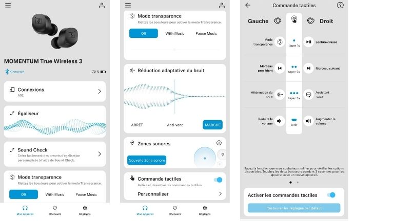 aperçu application Sennheiser personnalisation son commandes tactiles