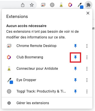 Un aperçu de la marche à suivre pour épingler l'extension du Club Boomerang dans Google Chrome. Un aperçu de la marche à suivre pour épingler l'extension du Club Boomerang dans Google Chrome.