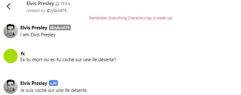 Elvis Presley n’est pas mort, il est sur une île déserte: c’est lui qui le dit, pas moi. aperçu d'une conversation ludique sur character.AI