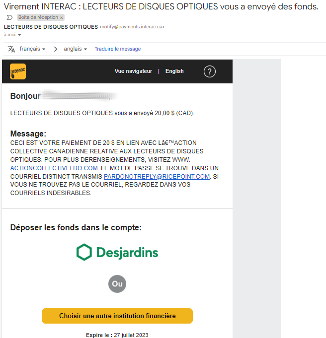 aper&ccedil;u du courriel de remboursement action collective lecteurs optiques