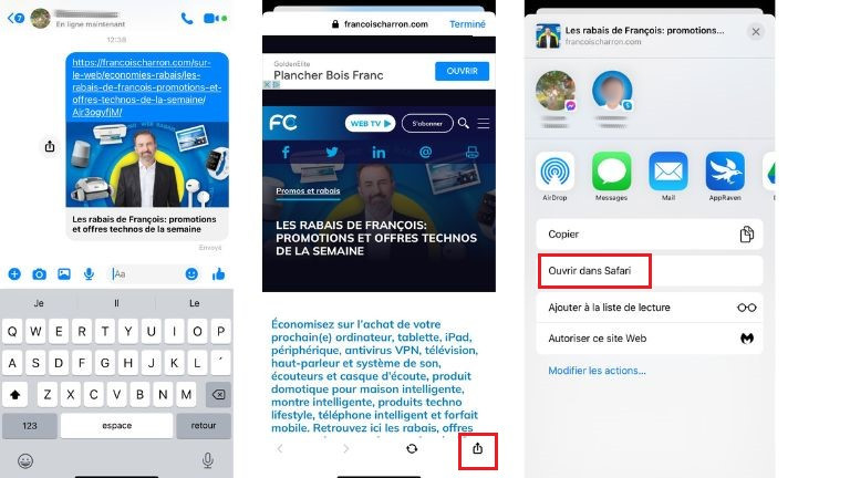 aperçu étapes désactiver navigateur interne Messenger appareil Apple