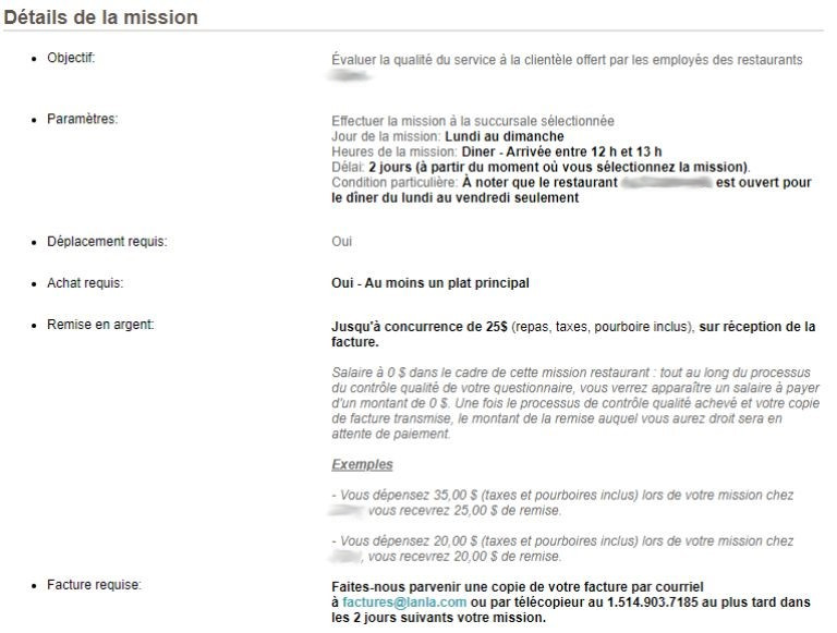 Un exemple de mission et de sa rémunération aperçue sur lanla. aperçu mission rémunération client mystère lanla