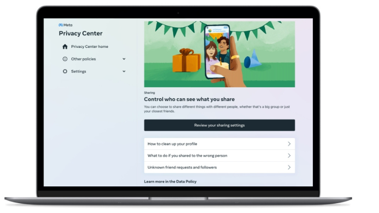 aperçu nouveau centre confidentialité Facebook Meta