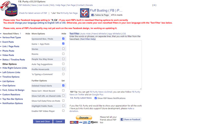 Un aperçu des options de personnalisation offertes par l’extension FC Purity. aperçu options personnalisation fb purity extension web