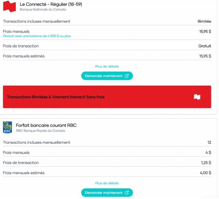Un exemple de comptes chèque proposés par Hardbacon lors d'une recherche. apeçu outil comparateur compte chèque Hardbacon