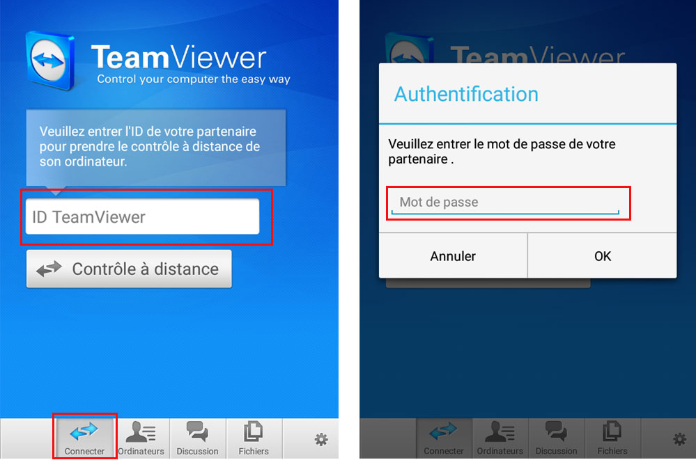 Connexion de TeamViewer dans l'application