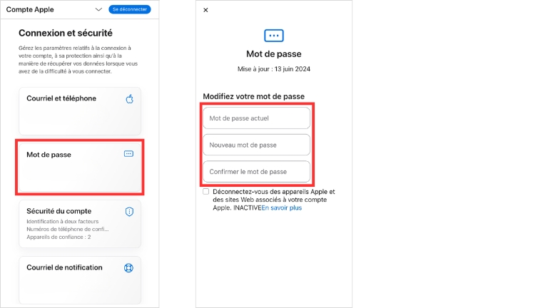 Voici les &eacute;tapes pour changer notre mot de passe Apple.