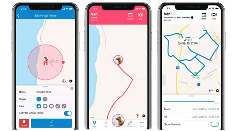 L’application mobile permet entre autres de créer une clôture virtuelle et d’effectuer le suivi en direct. application mobile gps tractive