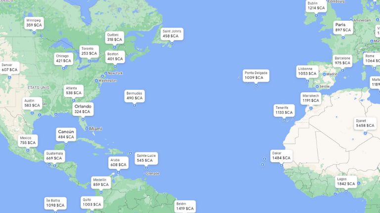 Un aperçu de la fonction de recherche des destinations de Google Flights. apercu fonction recherche résultats google flights